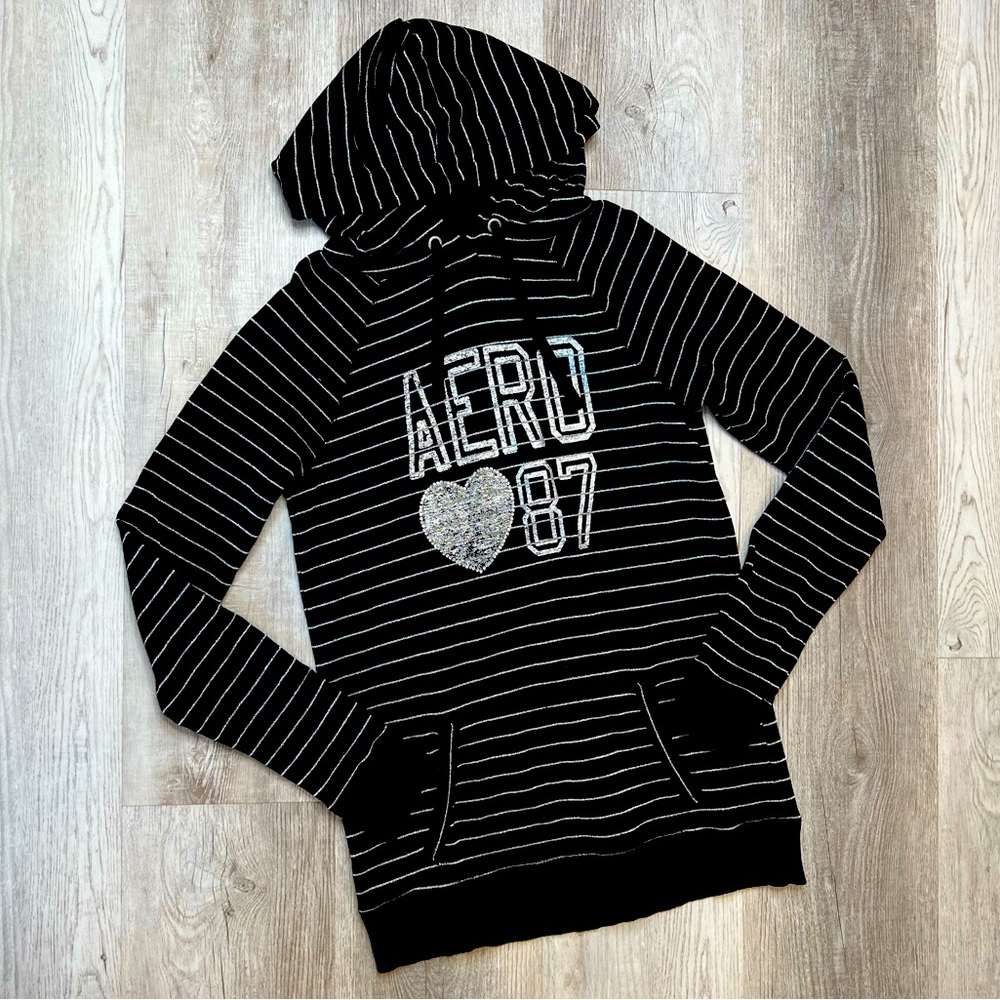 Aeropostale Hoodie Tunic Top women’s Size XL Black Silver Stripes Embellished